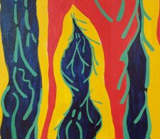 Image description: abstract painting of blue, yellow, and red paint running vertically with green vein-like lines.