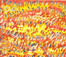 Image description: abstract painting composed with short strokes of blue, yellow, red, and orange paint.