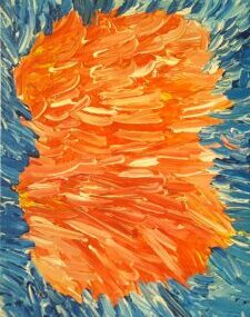 Image description: abstract painting with red and orange strokes in the centre with a blue background.