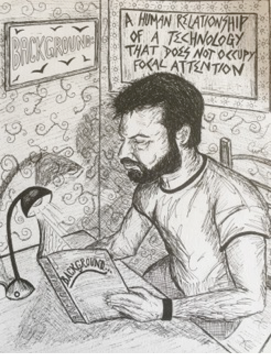 A drawing of a man sat at a desk reading a book called 'Background'. A lamp sits on the desk illuminanting the pages. Two pictures can be seen in the background which give the following caption: Background: a human relationship of a technology that does not occupy focal attention. 